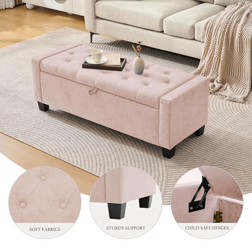Image of Huatean Home 43 inch Ottoman with Storage, Pink Storage Ottoman Bench with Safety Hinge, Upholstered Entryway Bench with Seating for Bedroom, Living Room, Holds up to 330 lb
