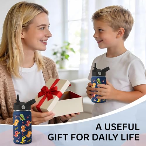 Image of Music Dinosaur Water Bottle for Son, Stainless Steel Insulated Tumbler with Straw Lid and Handle, 12oz Reusable Leak-Proof Bottle for Sports