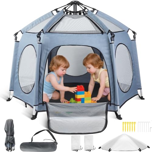 Image of HOMGEN Baby Playpen with Canopy - 56"x40" Size Foldable Play Yard with Mat & UPF50 Sunshade- Portable Pop-Up Design for Indoor/Outdoor, Folds to Backpack Size for Travel/Park/Beach