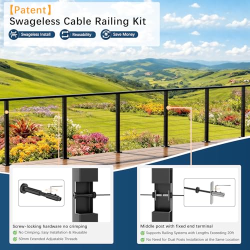 Image of 12-20FT Swageless Modular Black Cable Railing Kit 42 inch, 4 Pack Stainless Steel Level Post Kit with Patent Swageless Tensioner, Upgraded Black Powder Coated Cable Railing System with DIY Length