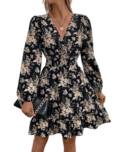 SweatyRocks Damen Kleid Elegant Langarm Wickeln Kleider mit V-Ausschnitt Blumenmuster Freizeitkleid A-Linie Causalkleid Blusenkelid Schwarz M