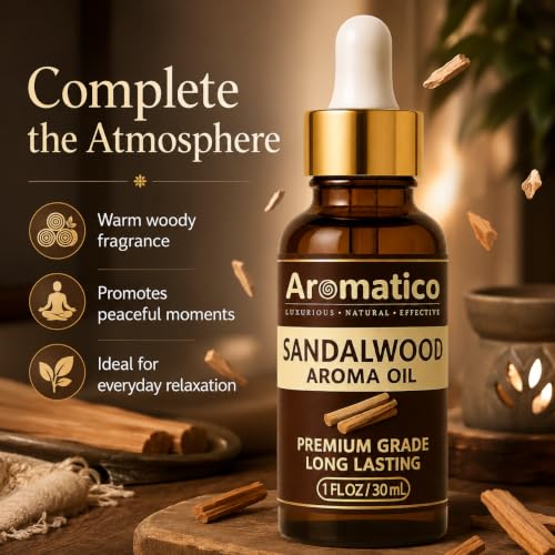 Image of AROMATICO Sandalwood Diffuser Oil, Pure Chandan Fragrance for Aromatherapy, Meditation & Calmness | Versatile Use in Diffusers, Air Fresheners | 30ml.