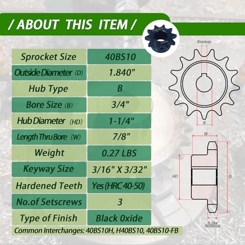 Image of #40 Roller Chain Sprocket 10 Tooth 3 /4 inch Bore (3 /16 inch Keyway) Black Oxide Rust-Proof with 3 Set Screws & Keyway for Mini Bike Go-Kart Clutch Performance Upgrade, Hardened 1045 Steel 40BS10-3 /4