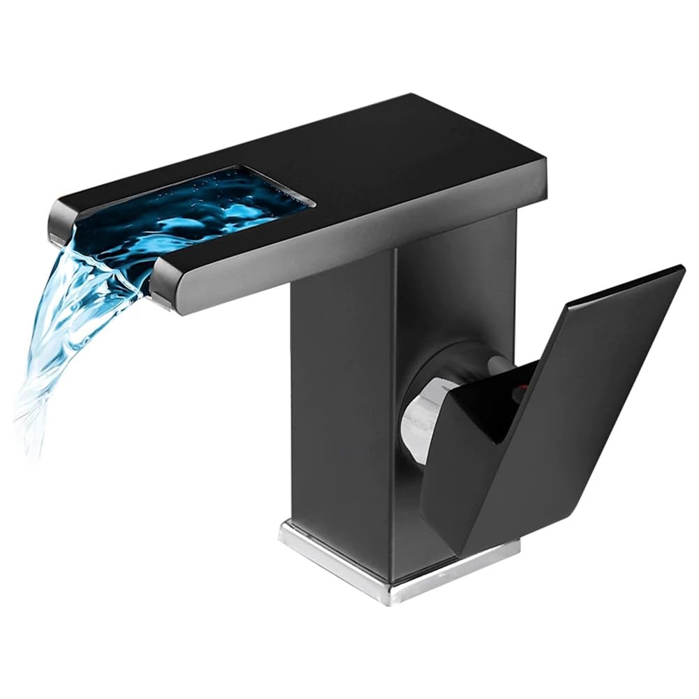 Lakkoakoaa B Waterfall Asin Taps With Led Light Athroom Asin Tap Modern Rass Single Lever Athroom Sink Mixer Faucet, Hot/Cold Water, With Uk Standard Hoses, Lack