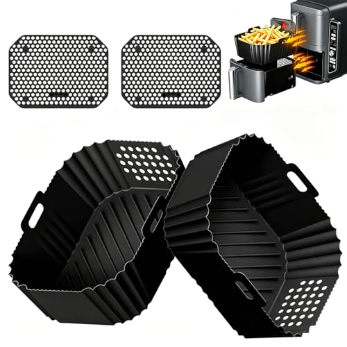 4-Teiliges Airfryer Zubehör für Ninja Double Stack XL 9 5L Air Fryer SL400EU Heißluftfritteuse mit 2 Silikonform Heißluftfritteuse und 2 Silikon Spritzschutz Schwarz