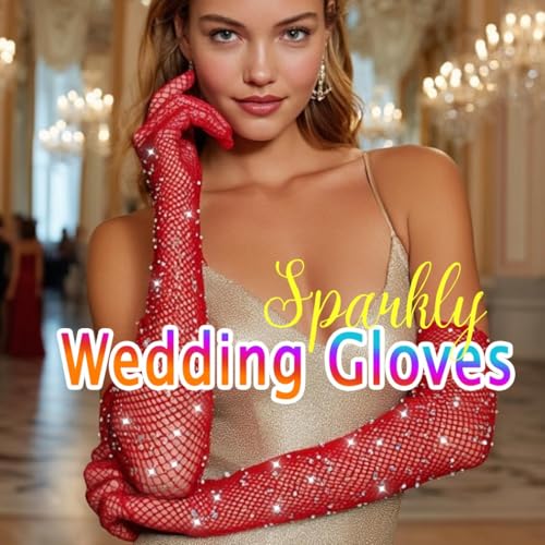 CASDRE Rhinestone Long Fishnet Gloves Mesh Rave Gloves Bling Elbow Length Evening Party Glove for Women and Girls2