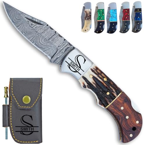 Personalised Damascus Pocket Knife for Men - 133 Layer Solid Steel Handmade Folding Hunting Knives with Sharpner and Leather Pouch - Best Knife for Camping Hunting Hiking - Father’s Day Gifts for Men Husband Dad (Stag Horn - Rose Wood)