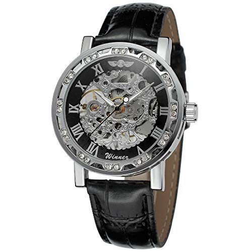 Preisvergleich Produktbild Jinqian Herren Uhren Automatikuhr Mechanische Skelett Glasboden Römische Zahlen Diamant Zifferblatt Wasserdicht Schwarz Männer Armbanduhr mit Leder-Armband (Mechanische Uhren: A4)