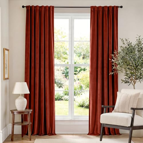 Image of Blackout Rust Red Velvet Curtains Rod Pocket 52x102 Inch 2 Panels | Soft Velvet, For Bedroom & Living Space, Light Shifting Texture, Elegant Luxury Drape, Charming, Rod Pocket
