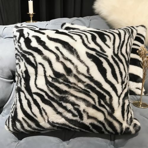 Image of Black White Square Pillow Cover Soft Fluffy Fuzzy Faux Fur Zebra Stripe Throw Pillows Modern Decorative Accent Cushion Covers Pillowcase for Couch Sofa Living Room Bedroom, 18x18