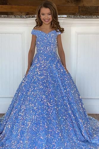 Girl's Sequin Flower Girl Dress Off Shoulder Pageant Dresses with Pockets Kids Long Prom Party Gowns4