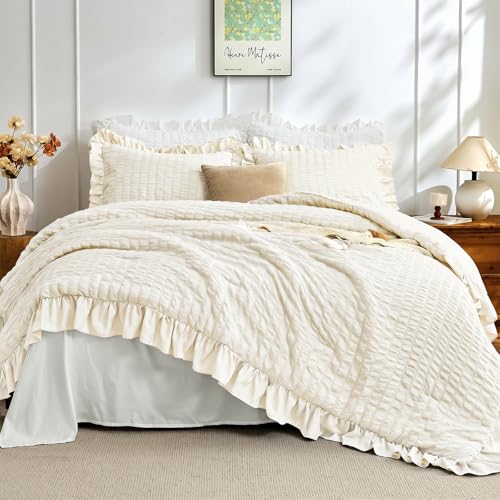 Image of JOLLYVOGUE Ivory King Comforter Set, 3 Pieces Seersucker Comforters King Size, Lightweight & Fluffy Bedding Sets King for All Season with 1 Ruffle Comforter and 2 Ruffle Pillowshams