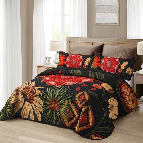 Image of Tyrot 3 Piece Black Red Boho Floral Quilt Sets King Size Farmhouse Reversible Lightweight Bedspread Coverlet with 2 Shams Vintage Mid Century Microfiber Bedding Quilts Set for All Season, 106''x96''