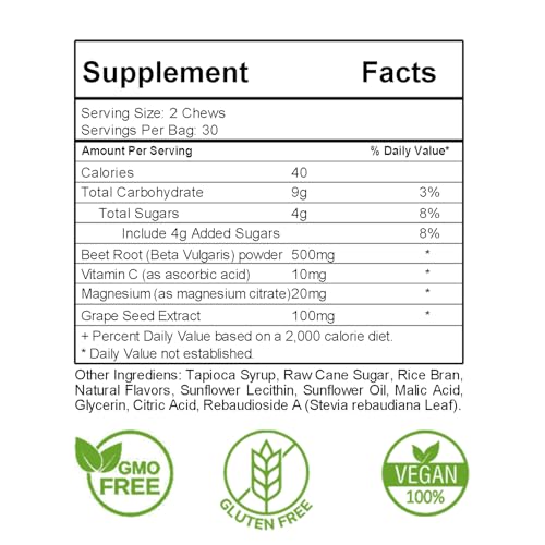Image of Mega Beets Chews - Grape Seed Extract & Non-GMO Beet Energy Chews - Pomegranate Berry Flavor - 60 Count