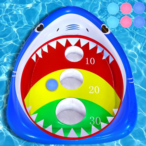 Pool Shark Cornhole Board Games Toys Set, Summer Inflatable Shark Floating Swimming Pool Ring Toss Toys for Kids Adults Family for Pool Party Water Carnival