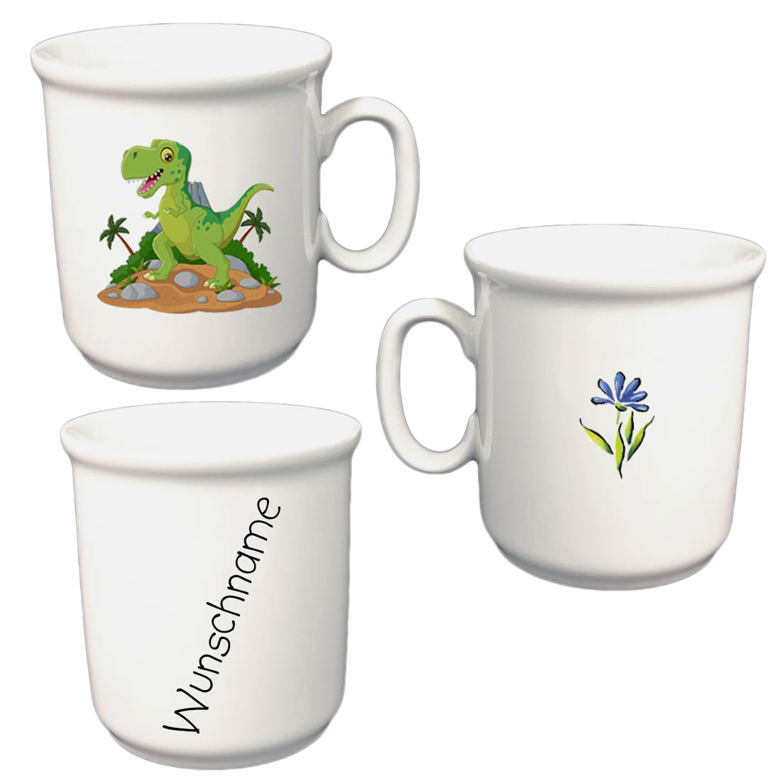 Kindergeschirr personalisiert - Frühstücksservice 3-tlg. Porzellan Teller Becher Schale personalisierbar mit Wunschname Name Namen personalisiert (Dinosaurier)