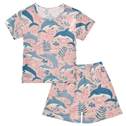 ALAZA Dolphin Leaf Fish Pajamas Short Sleeve 2 Piece Sleepwear Top and Bottom Pajama Set Unisex