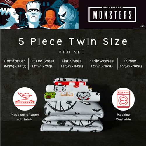 Image of Universal Little Monsters Halloween 5 Piece Twin Bedding Set - Super Soft Cozy Reversible Comforter and Sheet Set with Sham, (Officially Licensed Product) By Franco