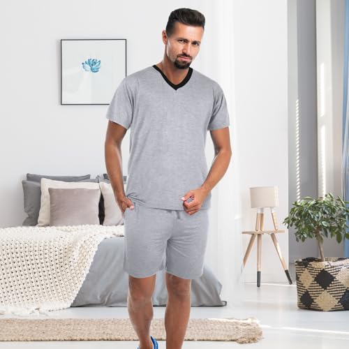 2 Sets Men's V Neck Pajamas Summer Pjs Set Soft Modal Nightwear Short Sleeve and Shorts with Pocket Comfy Sleepwear4