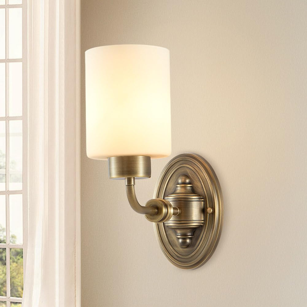 KBUUKYYXouy Wall Lights for Bedroom Antique Brass Wall Mounted Lamp Hardwired Wall Sconces Vintage Vanity Light Fixtures with Milk White Glass Shade Mid Century Copper for,2-Light(1)