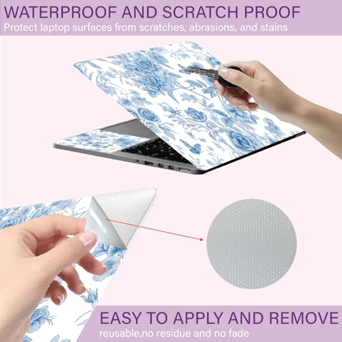 Funda adhesiva para portátil impermeable con flores azules vinilo resistente de 15.6 3