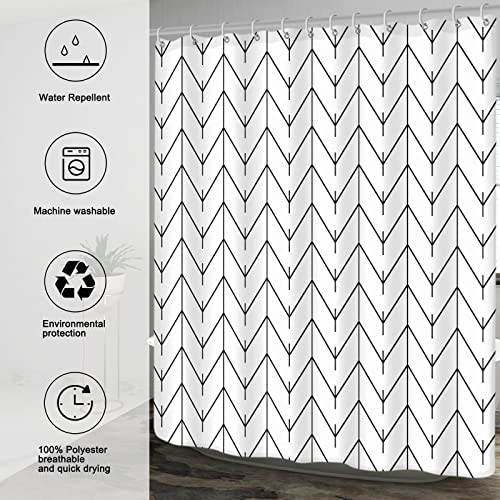 Gixige Black And White Herringbone Shower Curtain, Modern Geometric Chevron Striped Bathroom Decor, Waterproof Minimalist Fabric Polyester Set, With 12 Hooks 72 X 72 Inches #TOP1