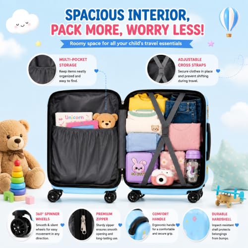 Image of Storite 18 in Unicorn Theme Kids Trolley Bag | Hard-Sided Polycarbonate Travel Suitcase Spinner Cabin Luggage(Blue - 35 x 23 x 38 Cm)