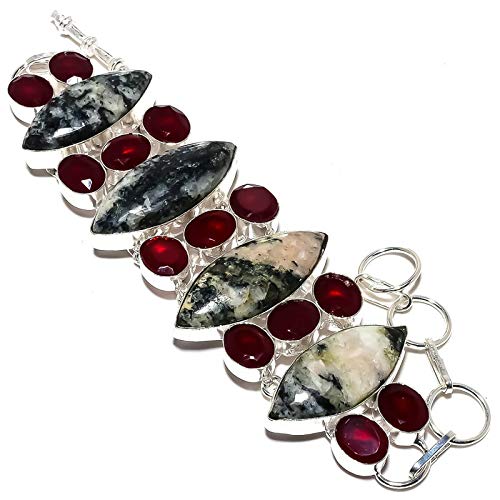 Bracelet agate dendritique grise et grenat rouge bijoux artisanaux réglables pour femme