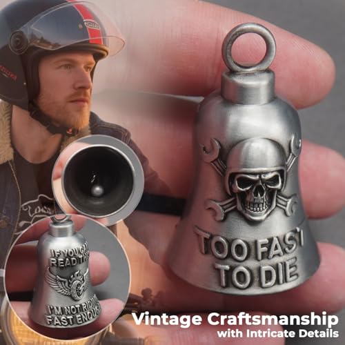 Image of Motorcycle Bell Guardian Angel Winged Wheel Biker Bell with Motorcycle Gremlin Bell Hanger, 2 Key Chain Ring, Velvet Bag