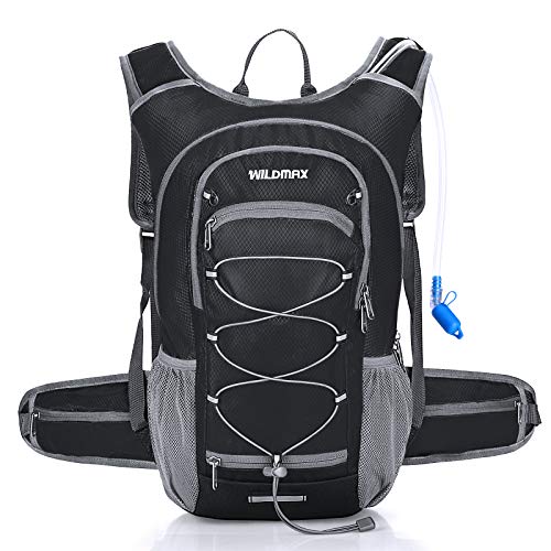 WILDMAX Hydration Backpack with 2L BPA Free Hydration Bladder, Water Rucksack Hydration Pack Backpack for Women Men Cycling, Hiking, Running, Climbing, Biking, Camping, Long Day Commuter (Black)