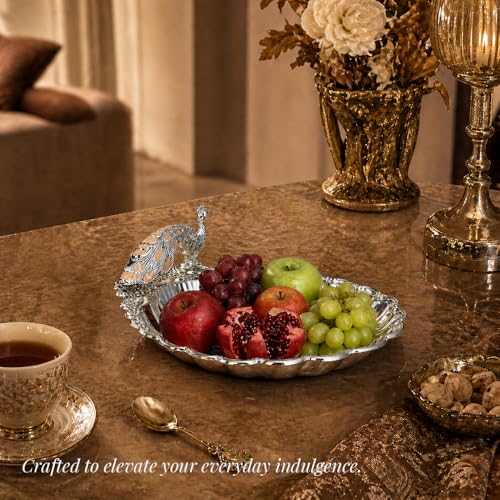 Image of Diviniti German Silver Peacock Decorative Tray for Home Decor | Luxury Dry Fruit & Sweet Serving Platter with Orange Enamel Peacock Design | Premium Decorative Gift Hamper Plate with Elegant Gift Box