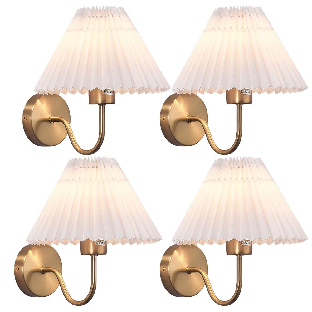HUAYUSEDF Wall Sconce with PVC Lampshade Lighting Gold Sconces Indoor Light Fixtures with Pleated Lamp Vanity Lights Hardwired Fixture for Bedroom Bedside(4 Packs)