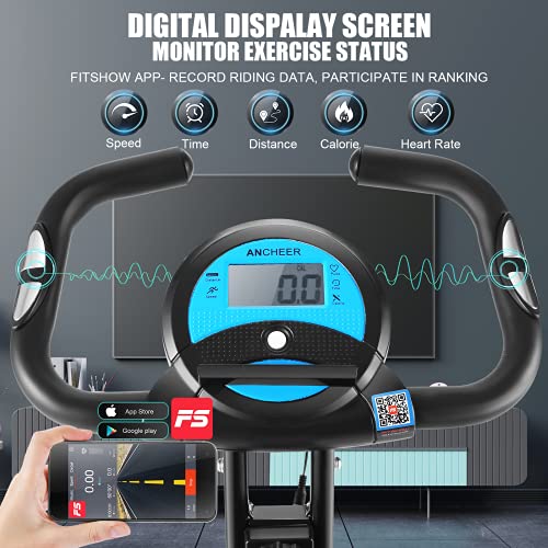ANCHEER Hometrainer, inklapbaar, oefenfiets, app, 10 weerstandsniveaus, magnetisch, fitnessfiets met houder voor tablet/telefoon en brede en comfortabele pasvorm, zwart (met rugleuning) - Afbeelding 4