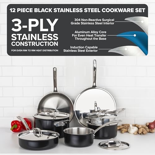 Viking 3-Ply Pots and Pans Set, 12 Piece Stainless Steel Kitchen Cookware Set with Lids, Dishwasher Safe, Induction Ready, Cast Black - Image 3