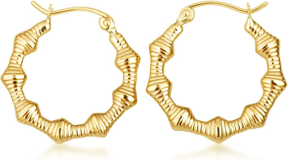 Gold Reversible Polished Ribbed Hoop Earrings for Women | 10K or 14K Yellow Gold