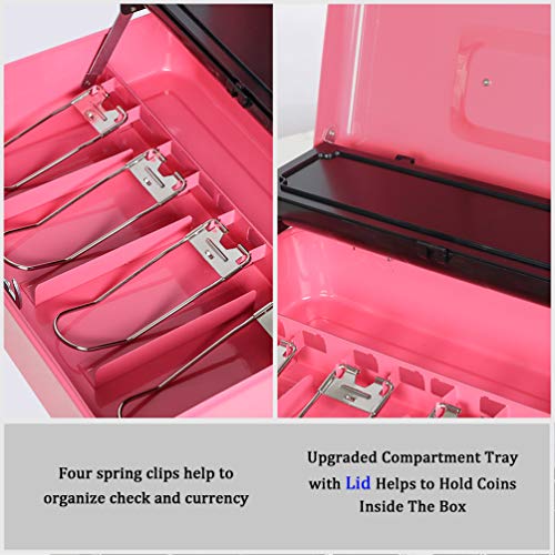 Cash Box with Money Tray and Key Lock, Parrency Large Money Box, 5 Compartments with Cover for Cions & 4 Spring-Loaded Clips for Bills, 11 4/5\" x 9 2/5\" x 3 1/2\", Pink