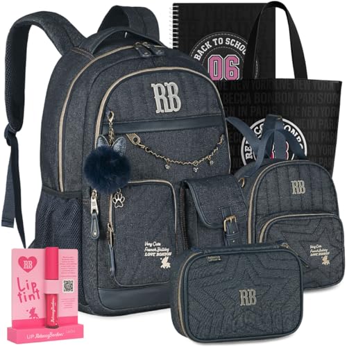 Kit Mochila RB Rebecca Bonbon Jeans Escolar Lancheira Estojo Meninas Resistente Infantil Juvenil