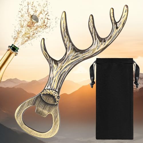 Image of LULLEA Deer Antlers Beer Bottle Opener, Deer Gifts for Hunters Men Women, Christmas Father's Day Gifts, Bronze Beer Opener with Bag