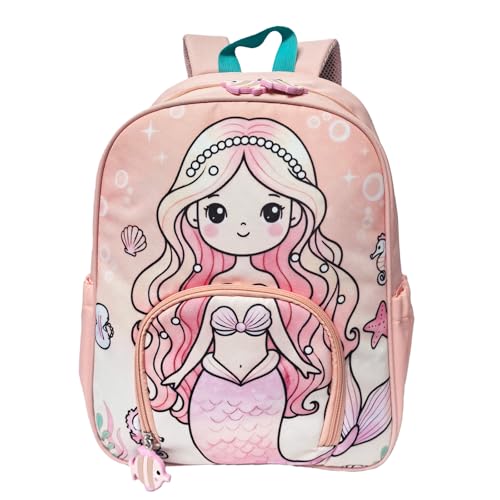 Alveroya Kids Backpack for Girls 14 Inch Pink Princess Mermaid School Bag Fits Standard US Folders Water-Resistant Pre-K Kindergarten Bookbag with Chest Strap Ages 4-6