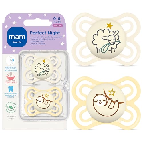 Image of MAM Perfect Baby Premium Pacifier 0-6 Months, Extra Thin Nipple, Developed with Orthodontists, Clinically Proven, Glows in The Dark, BPA-Free Silicone, 2 Pack, Made in Europe