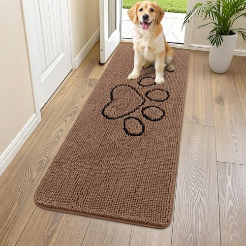 Image of Smiry Dog Door Mat for Muddy Paws, Absorbent Dirt Trapper Non Slip Quick Dry Washable Chenille Mat for Mud Dogs, Entry Rug for Indoor and Outdoor (59x24 Inches, Coffee and Black)