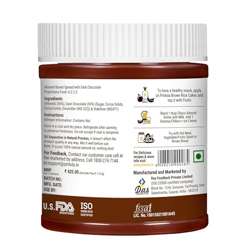 Image of Pintola Almond Butter Dark Chocolate Crunchy 350g, | High Fiber | Crispy | Gluten & Cholesterol Free | 14g Protein | Made with dark chocolate & fresh almonds (Pack of 3)