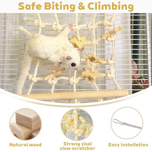 Jevnd Sugar Glider Toys, Natural Wooden & Sisal Sugar Glider Climbing Net, Hanging Toys Rat Cage Accessories, Anti-Snag Chew-Resistant Small Pets Enrichment Toy for Rats, Parrots and Budgies