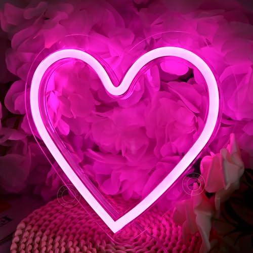 Image of SYLHOME Pink Heart Led Neon Light Sign Battery Operated or USB Powered Bedroom Wedding Wall Sign Decor Valentines Day Birthday Anniversary Sign USB 7.87 inch X 7.28 inch
