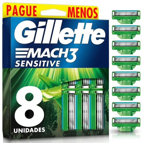 GILLETTE Mach3 Sensitive Carga para Aparelho de Barbear Reutilizável , 8 Refis com Aloe, Barbear Rente com Menos Irritação para Homens com Pele Sensível