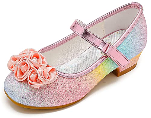 Furdeour Rainbow Gitter Dress Girls High Heels Size 1 Big Little Kid Flower Wedding Shoes 9Yr Sparkly Dress Up Shoes Girls' Flats (3204 Rainbow/Glitter 1) #TOP12