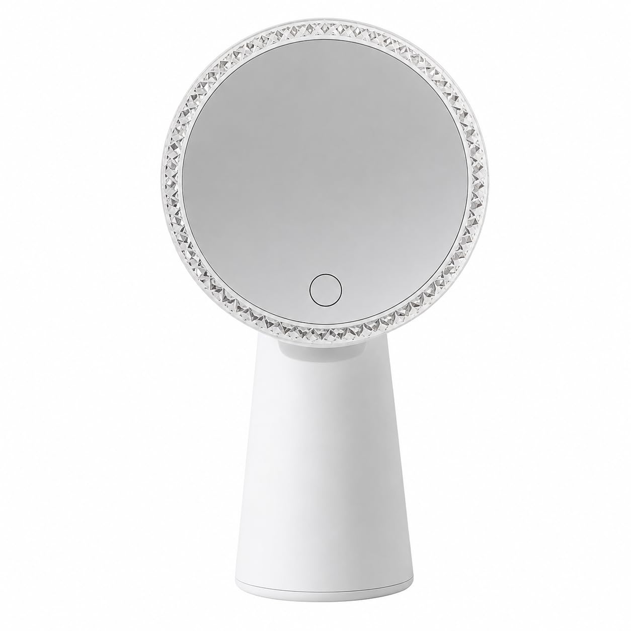 LED Lighted Round Makeup Mirror with Crystal Rim, White | Touch Control, Vanity Table Mirror, Diamond-Cut Border, Pedestal Base, Dimmable Light-image-5