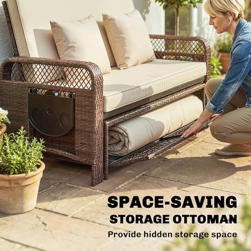 Outsunny 2 Pieces Patio Lounge Chair Set with Cushions, PE Wicker Outdoor Chaise Lounge with Adjustable Backrest, Side Trays and Storage Ottoman, Tanning Chair, Cream White - 5