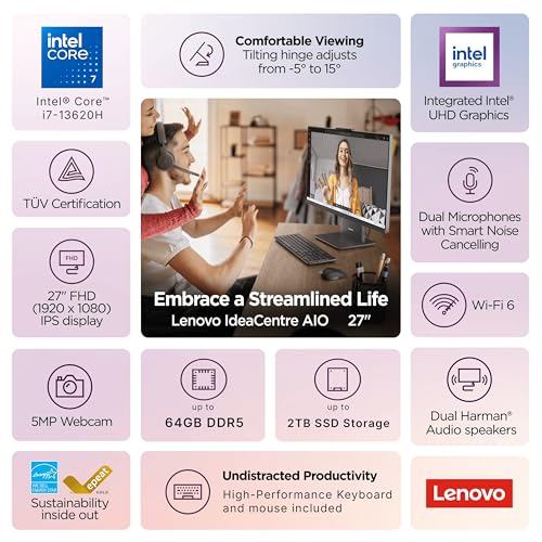 Image of Lenovo IdeaCentre 27 inch FHD IPS All-in-One Business Computer, Intel Core i7-13620H 10-Core 16-Thread Processor, 16GB DDR5 RAM, 1TB SSD, WiFi 6E, Bluetooth 5.2, 5MP Webcam, KB & Mouse, Windows 11 Pro