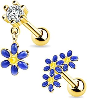 Melighting 2pcs Floral Helix Studs 16G Cartilage Earrings 316L Surgical Steel Helix Piercing Jewellery Tragus Earrings Conch Studs Dangle Helix Earrings for Women